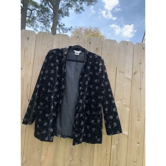 Vintage Tan Jay‎ Velour Open Jacket Black Floral size 14 grey blazer spring - Picture 1 of 7